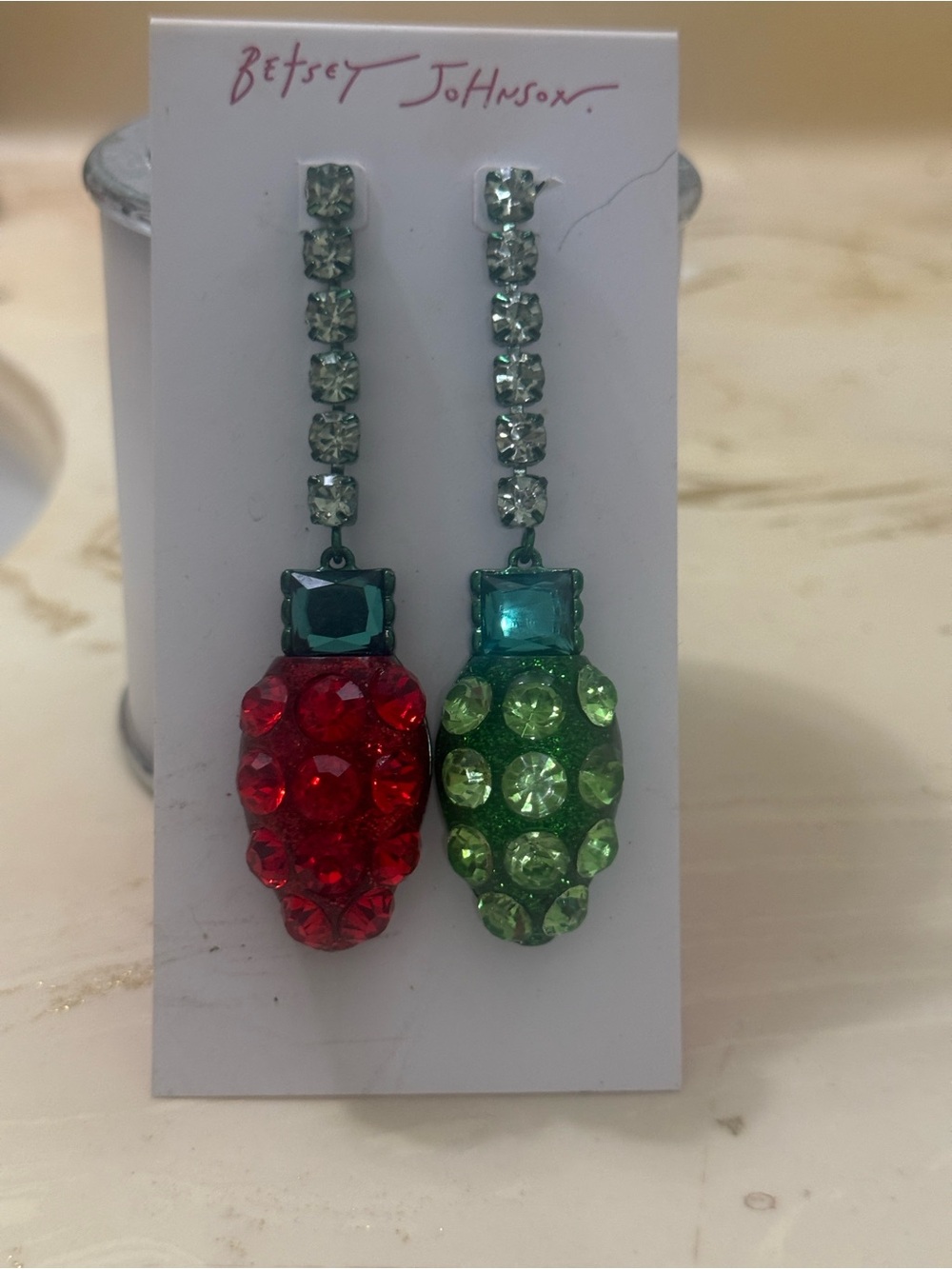 Betsey Johnson Red and Green Crystal Drop Earrings